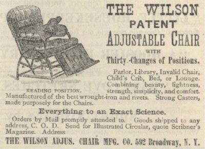 1875 magazine advertisement for a mail-order universal Invalid Chair
1875 magazine advertisement for a mail-order  universal Invalid Chair, Library Chair, Parlor Chair, Child's Crib, Bed or Lounge. 

This chair advertised 30 changes of positions.
Keywords: 1875 magazine advertisement for a mail-order universal Invalid Chair, chair advertised 30 changes of positions.
