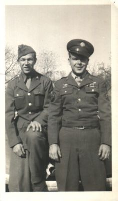 Bill and Frank Wike in Uniform
Bill Wike is on the left and his brother Frank Wike is on the right side. This would have been taken during WWII.

They are sons of Charles Wike and grandsons of Frank Wike Sr.

© Copyright 1996-2025 American Legacies Org
All rights reserved, This photo may NOT be used for any commercial endeavor. Unauthorized reproduction in any manner is strictly prohibited, however any relative of an individual in this photo, is welcome to print out a copy for their own personal use. 
Keywords: Bill Wike Frank Wike in uniform WWII