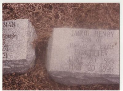 Jacob Henry Tombstone, Baby of Harvey and Lizzie Hostatter
Photo taken at Mt. Annville Cemetery in Lebanon County, PA. Image of tombstone for baby that died at one month old.
Keywords: Jacob Hosttetter-Baby-Tombstone