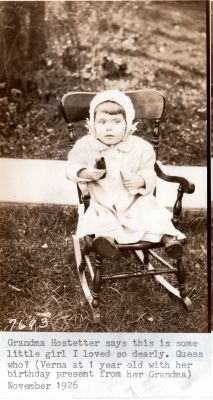 Verna Hostetter in baby rocker
Verna Wike nee Hostetter, daughter of Warren and Marion Hostetter. She is sitting in a rocking chair she got for her birthday from her grandmother, Lizzie Hostetter nee Long
Keywords: Verna Wike in her baby rocking chair