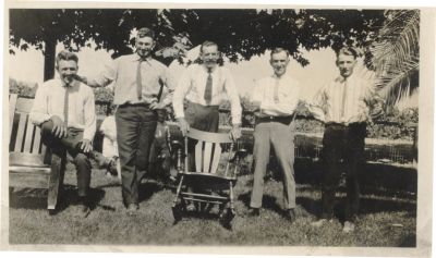 Warren Hostetter and ?
We believe the gentleman on the right side in the stripe shirt is Warren D. Hostetter. 

We are not sure who the other individuals are so if anyone can identify anyone in this photo, please contact us.
Keywords: Warren Hostetter and ?