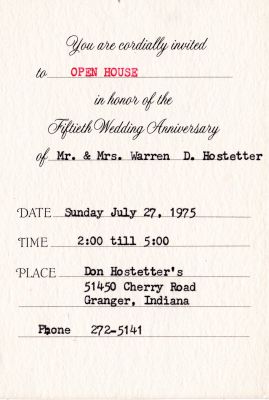 Invitation to 50th Anniversary of Warren and Marion
Invitation to 50th Anniversary of Warren and Marion
Keywords: Invitation to 50th Anniversary of Warren and Marion