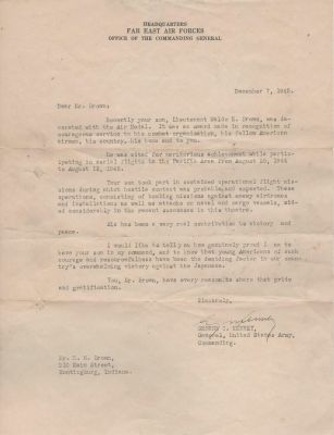 Waldo Brown Air Force Medal
Letter to Mr & Mrs H M Brown regarding a meritorious achievement cited, Air Force Medal, by their son, Waldo E Brown.
Keywords: Waldo E Brown;Harrison Brown;decorated;Air Force Medal;meritorious achievement